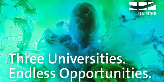 Human silhouette in the middle of chemical reactions and claim: Three Universities. Endless Opportunities.