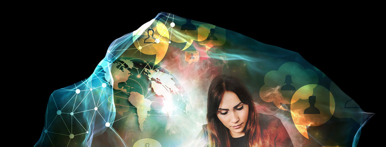 Head and upper body of a young woman looking down, in the background a collage of a world map and symbols and forms from science
