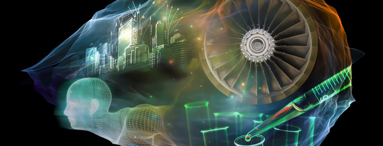 Grün-blau-braune Woke, in der die Umrisse von Wolkenkratzern, einer Turbine, Laborausstattung sowie eine Netzgrafik eines menschlichen Kopfes mit Oberkörper zu sehen sind