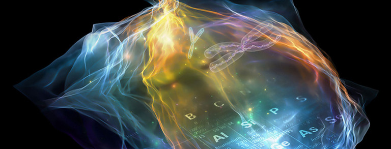 Grafik einer Wolke, die aus verschiedenfarbigen Gasen und Elementen besteht, auf dunklem Hintergrund, innerhalb der Wolke sind Chromosomen und ein Periodensystem zu sehen