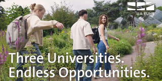 Three Universities. One Community. Endless Opportunities. Three people walking in a garden
