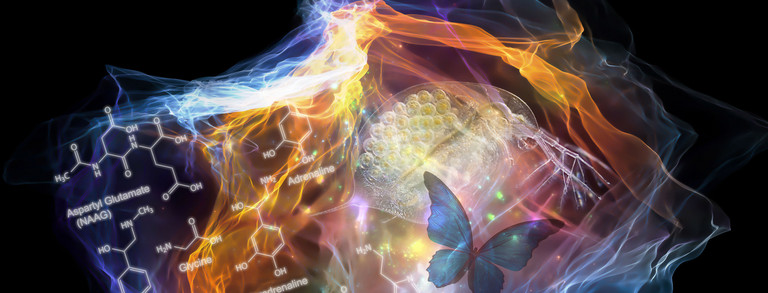 Bunte Grafik einer Wolke mit verschiedenen Symbolen aus der Wissenschaft, z.B. Zellen und chemische Elemente, dunkler Hintergrund 