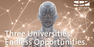 Vernetzter Mensch und Slogan: Three Universities. Endless Opportunities