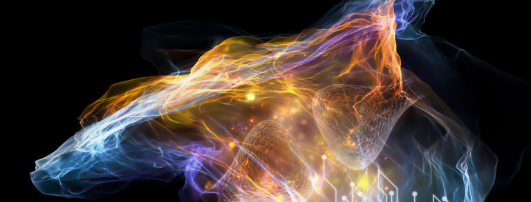 Sphärische Grafik einer aus verschiebenfarbenen Gasen und Elementen zusammengesetzten Wolke, auf dunklem Hintergrund