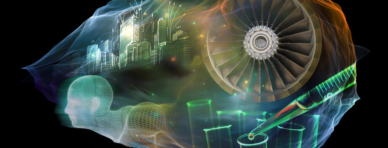 Header - Wolke Grün-blau-braune Woke, in der die Umrisse von Wolkenkratzern, einer Turbine, Laborausstattung sowie eine Netzgrafik eines menschlichen Kopfes mit Oberkörper zu sehen sind
